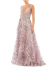 Mac Duggal Floral Embroidered Illusion V-Neck Gown