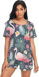 [RPLIFE] Pink Flamingo Leaves Ladies Pajamas Set, Matching Lounging Sets Women, Pink Flamingo Leaves, Medium