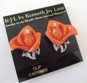 VTG KJL KENNETH J LANE Faux Coral Lucite Rose Enamel Clip Earrings NEW ON CARD