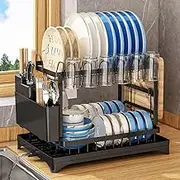 Dish Drying Rack, 2 Tier Dish Rack with Drain Board for Kitchen Counter, Stainless Steel Dish Drainer with Drainage Utensil Holder, Cutlery Rack, Cup Holder, Cutting Board Holder