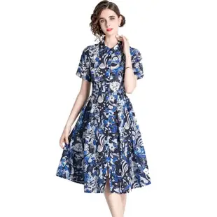 【M2M】玩美衣櫃高腰藍印花洋裝排釦連身裙S-2XL