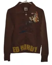VTG Ed Hardy Sweatshirt Kids Large Full Zip Unisex Brown Bunny Y2K Retro NWT