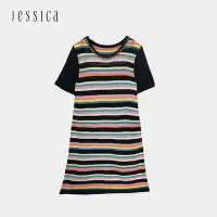 在飛比找Yahoo奇摩購物中心優惠-JESSICA - 清新修身顯瘦彩條短袖針織洋裝223270