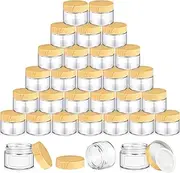 Layhit 48 Pcs 50 ml Cosmetic Glass Jars with Lids 1.69 oz Small Jars with Plastic Woodgrain Lids, White Labels and Inner Liners Empty Round Cosmetic Containers for Creams Lotions Powder Candle Making