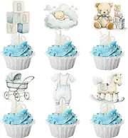 Ephlyn 36Pcs Baby Boy Cupcake Toppers Baby Shower Decorations for Boy Bear It's a Boy Cupcake Picks Decorations for Baby Boys Birthday Party Cake Decorations Blue