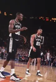 San Antonio Spurs David Robinson and Tim Duncan during game vs New- Old Photo