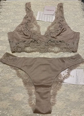 La Perla Clea Collection 32B XS Bralette Brazilian Panty Set Nude Silver