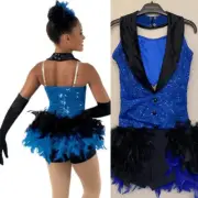 WEISSMAN Dance Costume blue feather tux gloves Glamourous Life 10213 adult -SA