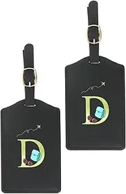 uxcell Initial Luggage Tags, 2 Pack Monogrammed PU Leather Baggage Tags Embroidered Letter Suitcase Label Tags Luggage Identifier for Luggage Baggage, Black (D)
