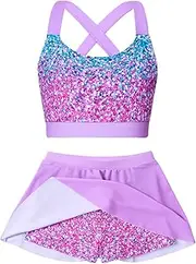 [AIDEAONE] Girls Swimsuit Two Piece Tankini Skirt Set with Boyshort Summer Beach Bathing Suit Size 6-13