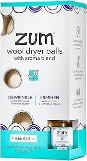 Zum Indigo Wild Laundry Dryer Balls Kit - Wool Laundry Balls for The Dryer - Essential Oil Spray - Reusable Drying Balls for Laundry - Sea Salt - (3 Dryer Balls, 1 Aroma Blend)