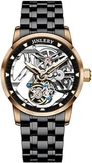 [GZFCMY] JINLERY Real Tourbillon Skeleton Mechanical Hand Wind Vintage Wrist Watch Men Sapphire Crystal Diamond Business Hollow Manual Winding Luminous Dress Clock Man Stainless Steel Leather Wristwatch