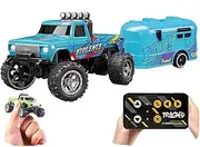 Mini Rc Monster Truck with Trailer,2025 New Mini Rc Monster Truck 1/64,Remote Control Truck, 2.4ghz Monster Truck Remote Control Car with Light (Blue)