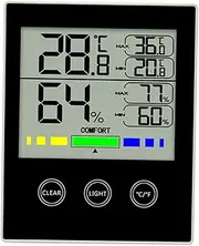 Portable Luminous Digital Thermometer Hygrometer for Home Office Bedroom with Max/min Records Black Touchscreen No Battery Needed
