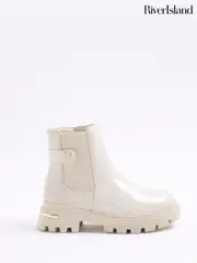 River Island Cream Girls Patent Heart Strap Chelsea Boots (W87318) | $69