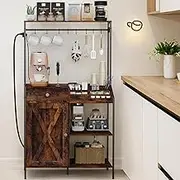 Coffee Bar Cabinet, Coffee Stand Station with Power Outlet, 31'' Kitchen Bakers Rack with Storage Hutch, Drawer and 7 Compartments, Farmhouse Buffet Sideboard for Kitchen Living Room, Brown