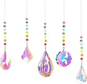 LORJE Crystal Suncatchers, 5 Pcs Hanging Crystals Ornament Sun Catcher with Chain, Prisms Pendant Rainbow Maker for Windows, Home Garden Decoration