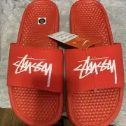 New Nike x Stussy Benassi Slides Sandals Habanero Red CW2787-600 Sz 9