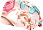 [WOSHJIUK] Working Hat 2 Pack Scrub Caps for Women,Flowering Flowers and Butterflies,Tie Back Cap Adjustable Scrub Hat