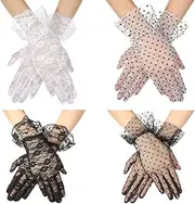 [Geyoga] 4 Pairs Ladies Lace Gloves Women Elegant Short Gloves Summer Floral Courtesy Gloves Wedding Polka Dot Gloves Costume Gloves for Dinner Tea 1950s Party Dressy Favors, Wrist Length Black, White, Black, White, average size