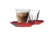 Duralex 12 Piece Picardie Glass Coffee Cup and Ceramic Saucer Set - Modern Style Tumbler Mug for Latte Cappuccino - Red - 200ml