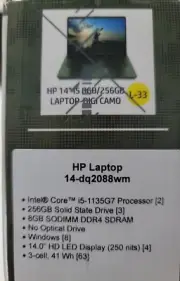 14-DQ2088WM HP 14" HD LED Laptop Core i5-1135G7, 8GB, 256GB SSD,W Home - BN