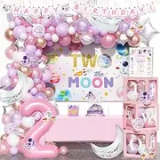 Fiesec 136 PCs Two The Moon Birthday Decorations Girl, Outer Space 2nd Party Decorations Backdrop Balloon Garland Arch Banner Cake Topper Box Cutout Crown Poster Astronaut Spaceman Rocket Pink