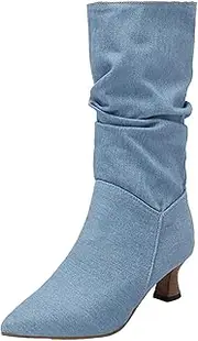 [JEUROT] Mid Calf Slouch Boots for Women Pointed Toe Kitten Heel Pull On Booties Wide Calf Slip On Casual Boots Winter Shoes