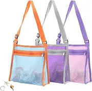 Leberna Beach Toy Mesh Beach Bag, 3Pcs Seashell Collecting Bags with Adjustable Shoulder Straps, Sand Snow Toys for Kids Shell Bags for Picking Up Shells (Lake Blue+Purple+Pink)