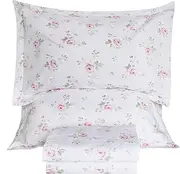 [Lady Ann] 100% Cotton Floral Queen Sheets Set Deep Pockets, Shabby Vintage Chic Printed Bed Sheets Rose Flower Pattern Cotton Bedding Sheets 4Pcs Extra Soft and Breathable Botanical Sheets