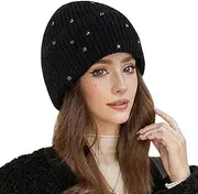 [Caviotess] Warm Wool Beanie Hats for Women Girls Sparkly Rhinestones Winter Hat Fluffy Knitted Skull Cap