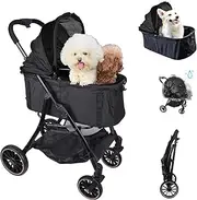 JXMIYACOO Heavy Duty Cat Stroller - 55 lbs 4 Wheel Foldable Pet Carrier for Persian/Angora Cats, Outdoor Travel & Vet Visits | 3-in-1 Multifunctional Design, Black