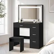 Oikiture Dressing Table with Mirror and Stool LED Makeup Mirror for Home Bedroom 3 Model Adjustable Vanity Table Set Black