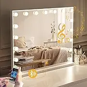 Simplus Vanity Makeup Mirror with Lights Hollywood LED Mirrors Stand, Bluetooth Speaker USB Power Charging and Smart Touch Control Screen, 17 Dimmable LED Lights Stable Base White, 80x62cm