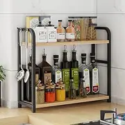 Dreamhousey kitchen countertop stainless steel +wooden board 2-tier seasoning storage rack, kitchen desktop condiment can tank supplies organizer shelf (black+oak, 2-tier), 8-3-1