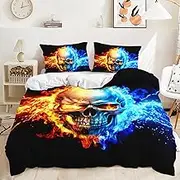 AILONEN Goth Skull Bedding Red and Blue Skull Duvet Cover Set King Size for Kids,Boys Black Skull Comforter Cover 3-Piece,1 Duvet Cover and 2 Pillowcases,Skeleton Quilt Cover