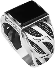 [Generic] Stainless Steel Rings for Men with Black Onyx Stone, Handmade Mens Jewelry Ring, Cuban link Chain Motif Mens Ring