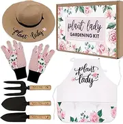Percozzi Plant Lady Gardening Gifts for Women Gardening Tools Kit with Planting Tools Straw Hat Floral Apron Glove for Her Spring Outdoor Grandmother Horticulture Starter Set of 6