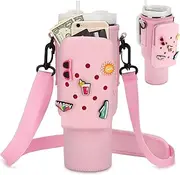 Water Bottle Carrier Bag with Silicone Phone Pocket & 5 Charms for Stanley Cup 40 oz, Neoprene Water Bottle Holder Tumbler Pouch with Adjustable Strap (Pink)