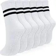[KOOOGEAR] 3 Pairs Non-Slip Yoga Socks Pilates Socks for Women,Anti Slipper Stripes Long Crew Grip Socks for Barre,Ballet,Dance,Hospital, Dance,Fitness,Home