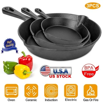 3Pcs Pre-Seasoned Cast Iron Skillet Set 6/8/10in Non-Stick Oven Safe Cookware He