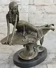 Nude Bronze Marble Prone on Rock Female Thinker GIRL Sculpture Figurine Statue