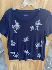 NWT Talbots Top Tee Women’s Large Cotton/Modal Black Embroidered Yellow Flowers