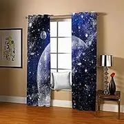 Exquisite Curtains for Kids Bedroom Blue & Planet 3D Pattern Microfiber Blackout Fabric Eyelet Window Drapes for Kids Nursery Playroom 2 Panels W117cm (46") x D183cm (72") x 2