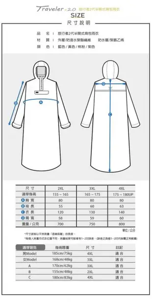 【DongShen 東伸】旅行者2代半開式背包雨衣 (多種顏色尺寸任選)