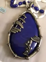 Vintage Hattie Carnegie Navy/Silver/White Asian Inspired Pendant Necklace w/Tags