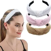 Ladies Headbands Top Cross Knotted Hairbands 3 PCS Elastic Head Band Hair Accessories for Women and Girls (White, Pink, Khaki)