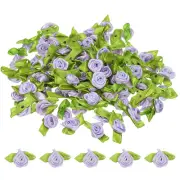 Mini Ribbon Roses, 200 Pcs Satin Fabric Flowers with Green Leaves, Light Purple