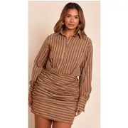 Shape Chocolate Striped Button Front Ruched Hem Shirt Dress, Chocolate