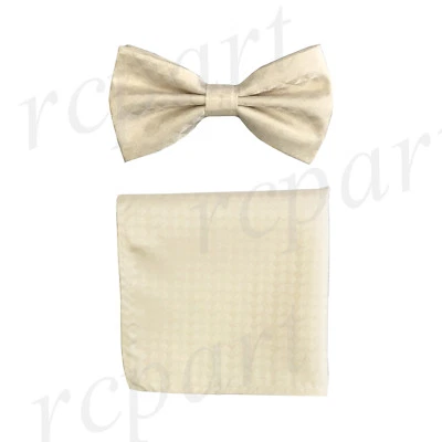 New Men's micro fiber Pre-tied Bow tie & hankie Cream checkers formal wedding